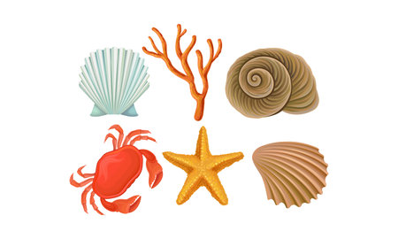 Underwater Ocean Bottom Species Vector Set. Different Marine Foodのイラスト素材