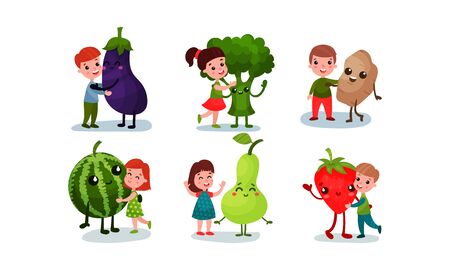 Girls and boys with huge humanized eggplants, broccoli, potatoes, watermelon, pear, strawberries Vector illustrationのイラスト素材