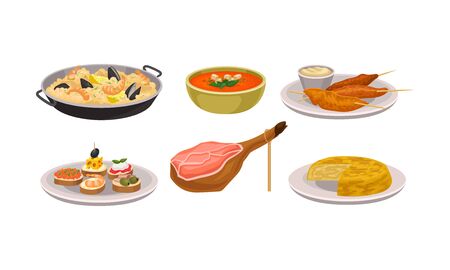 Various Dishes Served in Bowl and Plates Vector Set. Delicious Meal Conceptのイラスト素材