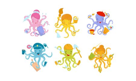 Six Octopuses Engaging in Different Occupations Holding Different Objects and Doing Many Thingsのイラスト素材