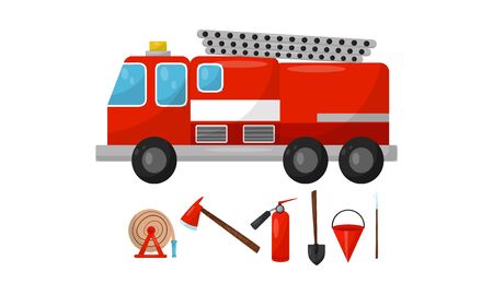 Fire truck and tools. Vector illustration on a white background.のイラスト素材