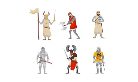 Set of medieval knights in armor and with weapons. Vector illustration on a white background.のイラスト素材