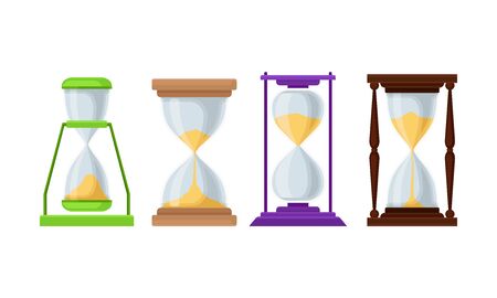 Set of hourglasses of different colors in a wooden and plastic case. Vector illustration on a white background.のイラスト素材
