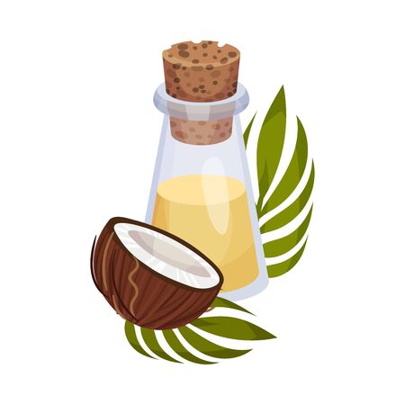 Coconut Organic Oil Bottle with Bottle Cap and Jojoba Branch Next to It Vector Illustration. Aroma Treatment Conceptのイラスト素材