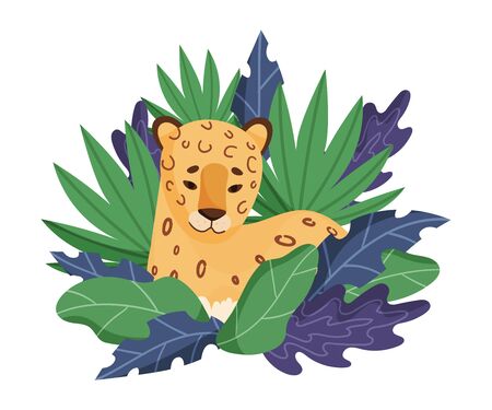 Spotted Leopard Hiding in Tropical Leaves Sticking Head Out Vector Illustrationのイラスト素材