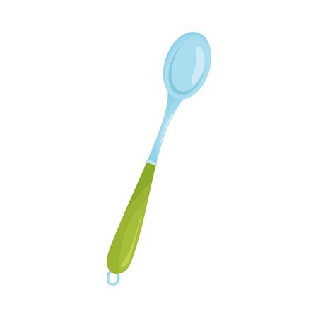 Metal spoon with a long green plastic handle. Vector illustration on a white background.のイラスト素材