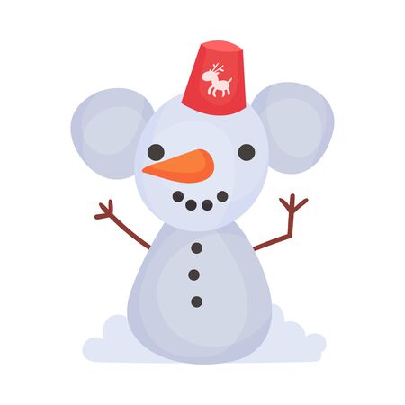 Snowman in the shape of a mouse with big ears. Hands from branches, nose from carrots. Red hat on the head. Vector illustration.のイラスト素材