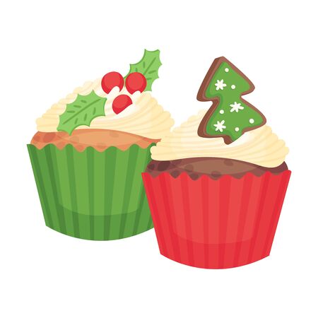 Two Christmas cupcakes with white icing and decorated with cookies in the shape of a Christmas tree. Red and green packaging. Vector illustration on a white background.のイラスト素材