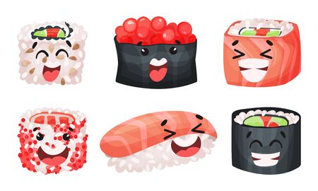 Sushi and Sashimi Vector Set. Traditional Japanese Food Collection. Comic Sushi Conceptのイラスト素材