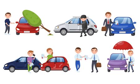 People Suffering From Different Car Accidents Vector Illustrations. Tree Falling Down the Vehicle and Robbery Incidents. Car Insurance Conceptのイラスト素材