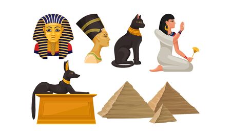 Ancient Egyptian architecture and culture. God Anubis represented as a jackal, goddess Bastet depicted as a sacred animal cat, sarcophagus of the pharaoh, tombs pyramids, Nefertitiのイラスト素材