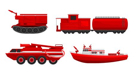 Fire truck, train, ship and tracked vehicles to extinguish fires. Vector illustration on a white background.のイラスト素材