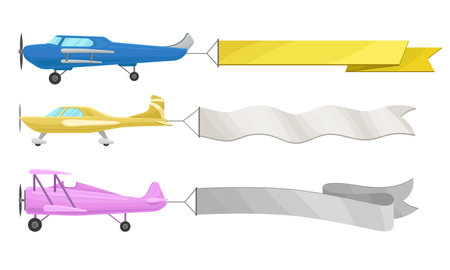 Purple, blue and yellow planes pull long blank ribbons. Vector illustration on a white background.のイラスト素材