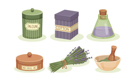 Small boxes with labels and old fashioned bottles. Vector illustration.のイラスト素材