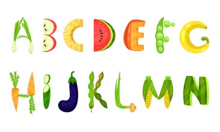 Vegetable and Fruits Vector Alphabet Letters Isolated On White Backgroundのイラスト素材