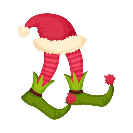 Elf Legs in Striped Patterned Stockings and Funny Shoes With Jingle Bell Vector Itemのイラスト素材