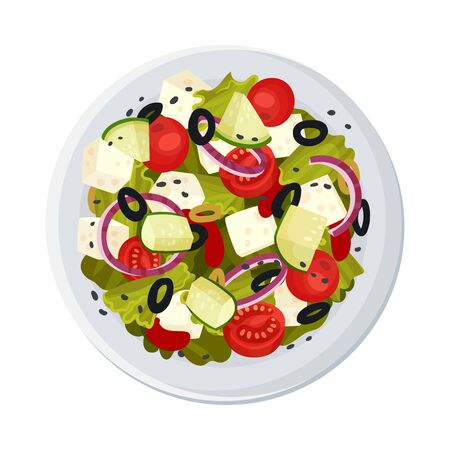 Greek Salad Served on Plate Top Viewed Vector Illustrationのイラスト素材