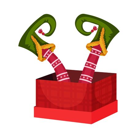 Elf Legs in Striped Patterned Stockings and Funny Shoes With Jingle Bell Peeped Out From the Gift Box Vector Itemのイラスト素材