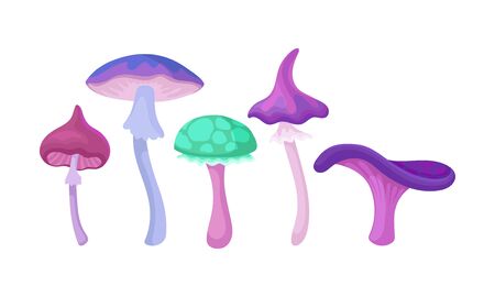 Magic Mushrooms Vector Set. Fairy Colorful Fungi Collection. Fantastic Cartoon Natureのイラスト素材