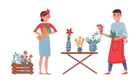 Floristry Concept. Flower Arrangers Taking Care of Plants and Flowers. Woman Holding the Bouquet of Flowersのイラスト素材