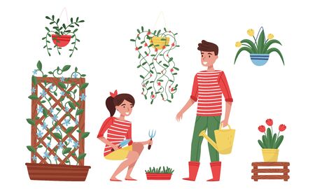 Floristry Concept. Flower Arrangers Taking Care of Plants and Flowers. Man Watering Flowers and Woman Tending Plantsのイラスト素材