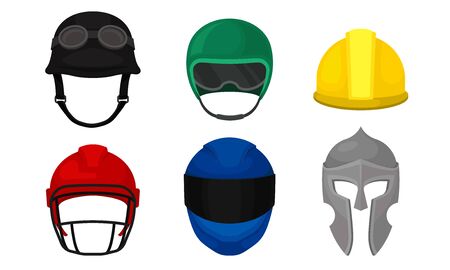 Different Helmets Collection, Headgear of Construction Worker, Athlete, Motorcyclist, Knight Vector Illustration on White Background.のイラスト素材