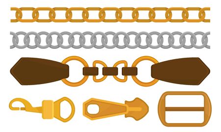 Belts, Chain, Metal Buckles and Steel Trinkes Collection, Garments Fashion Accessories Vector Illustration on White Background.のイラスト素材