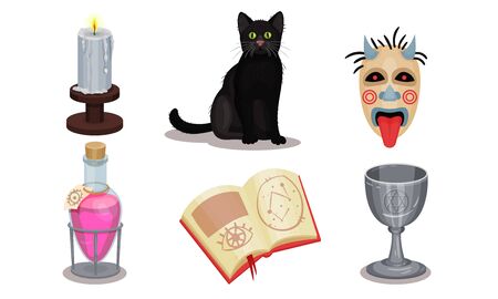 Magic Objects Collection, Wizardry and Witchcraft Symbols, Book, Flask of Potion, Black Cat, Candle, Mask Vector Illustrationのイラスト素材