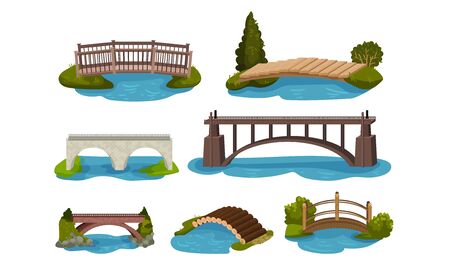 Different Bridges Collection, Wooden and Concrete Footbridges Vector Illustration on a White Background.のイラスト素材