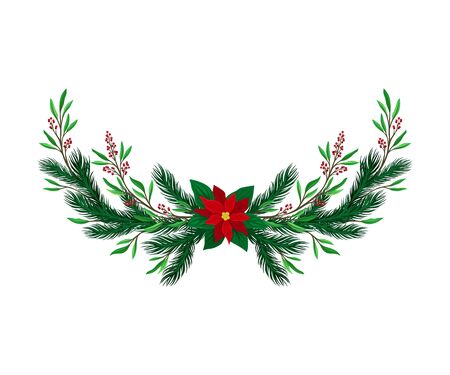 Christmas Tree Branch with Colorful Decorative Elements Vector Illustration. Traditional Winter Twig Decorated with Berries and Christmas Flowerのイラスト素材