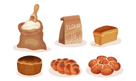Bakery Pastry Products Collection, Flour, Bread, Loaf, Bun Vector Illustrationのイラスト素材