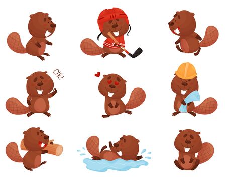 Cute Funny Beaver Character in Different Actions Vector Set. Animal Playing Hockey and Carrying Logのイラスト素材