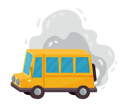Cartoon Bus Riding and Throwing Out Smoke Vector Illustration. City Traffic and Air Pollution Conceptのイラスト素材