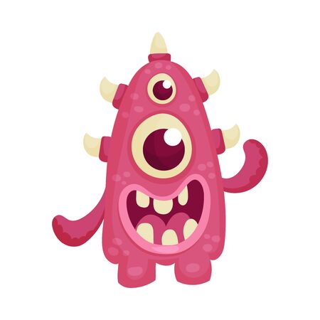 Funny Multiocular Monster Standing with Open Mouth Feeling Happiness and Joy Vector Illustration. Fantastic Friendly Creature Conceptのイラスト素材