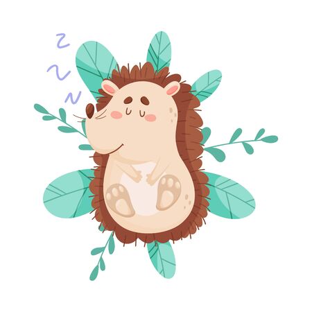 Smiling Hedgehog Character Sleeping On the Bush Vector Illustration. Childish Cartoon Spiked Animalのイラスト素材