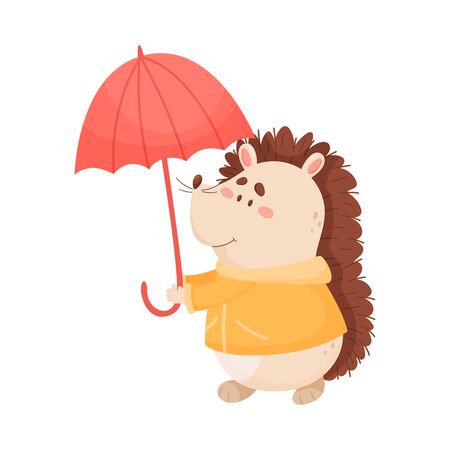 Smiling Hedgehog Character Holding Umbrella and Wearing Coat in Rainy Day Vector Illustrationのイラスト素材