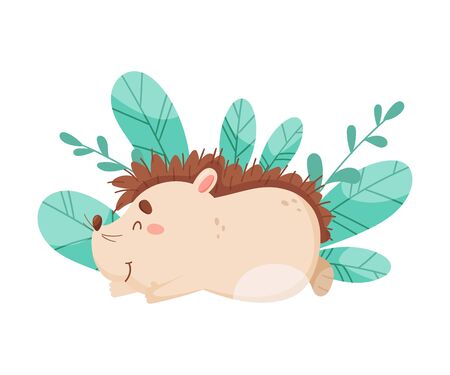 Smiling Hedgehog Character Sleeping Beside the Bush Vector Illustrationのイラスト素材