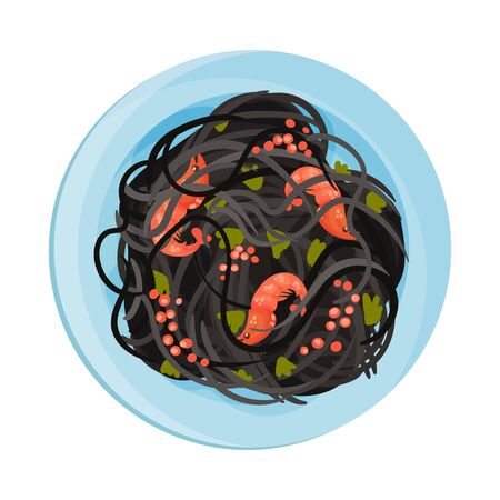 Spaghetti or Capellini Pasta with Prawns Served on Plate Vector Illustrationのイラスト素材