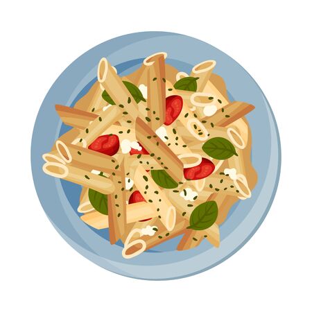 Vegetarian Pasta with Tomatoes and Green Herbs Served on Plate Vector Closeup Illustrationのイラスト素材