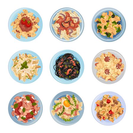Different Pasta Served on Plate Top View Vector Setのイラスト素材
