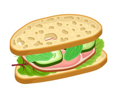 Realistic Oval-shaped Sandwich with Bacon Slice and Greenery Vector Food Item. Fast Food Concept. Closeup Snack for Restaurant Menuのイラスト素材