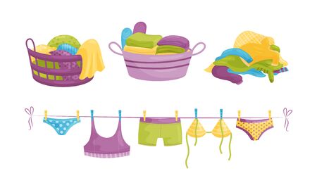 Laundry Resting in Basin and Clothing Items on Hanging Rope Vector Illustrationのイラスト素材