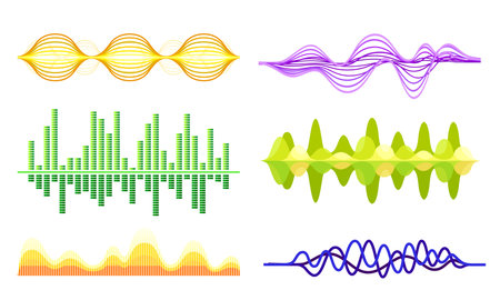 Sound Frequency Waves Vector Set. Audio Equalizer Sound in Various Shapes and Colors