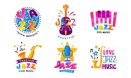 Jazz Festival or Live Concert Labels or Vector Set. Bright Musical Event Emblems with Musical Instrumentsのイラスト素材