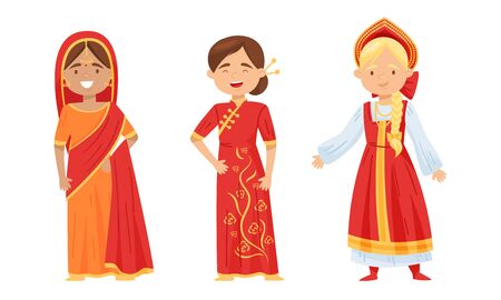 Females Wearing Traditional Costumes Standing and Smiling Vector Set. Diversity of Nationalities Conceptのイラスト素材