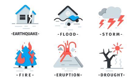 Natural Disaster Icons Vector Set. Destructive Forces of Earth. Extreme Events Pictogramsのイラスト素材
