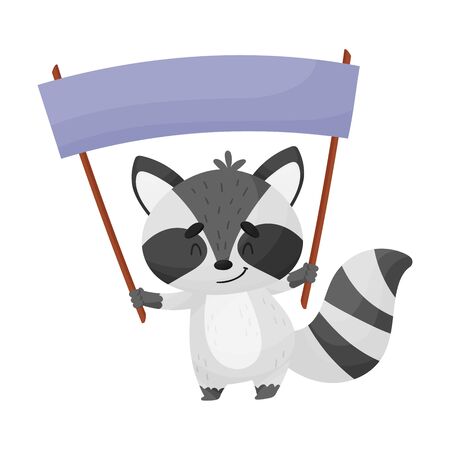 Smiling Little Raccoon Holding Banner with Copyspace Vector Illustration. Comic Mammal Advertising Something Conceptのイラスト素材