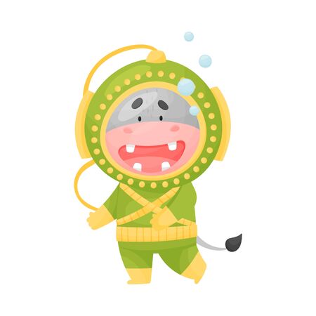 Cute Hippo Wearing Diving Suit Scuba Diving Underwater Vector Illustrationのイラスト素材