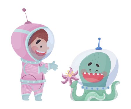 Little Astronaut Wearing Spacesuit Exploring the Moon Vector Illustrationのイラスト素材