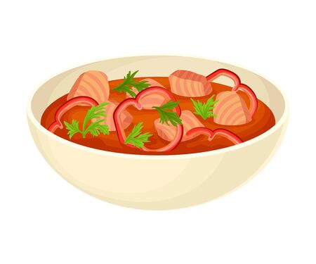 Tomato Thick Soup with Meat and Parsley Served in Deep Bowl Vector Illustration. Side View of Appetizing Dishのイラスト素材